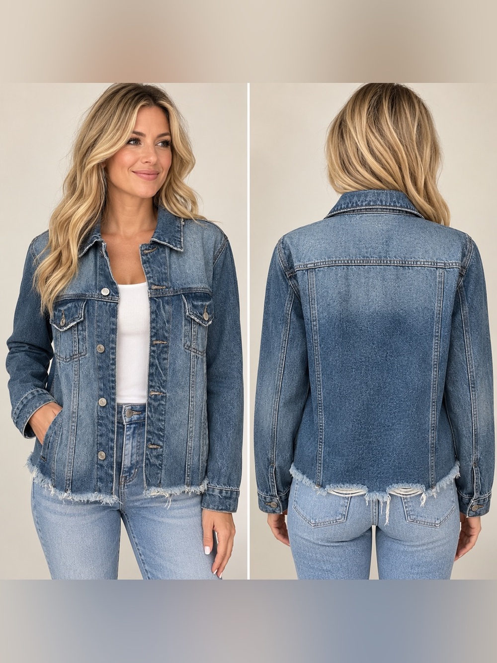 MICA Los Angeles NWT Distressed Denim Jacket Raw Frayed Hem 100% Cotton